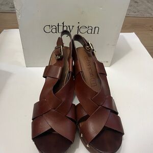 Cathy Jean Chestnut Brown Woven Leather Slingback Sandals